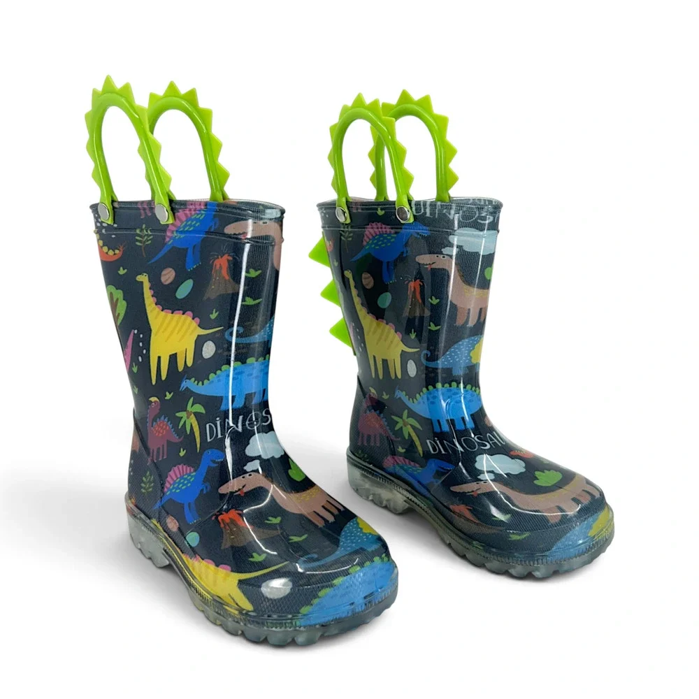HugRain Boys Dinosaur Light Up Rain Boots Toddler US 7 Navy Waterproof